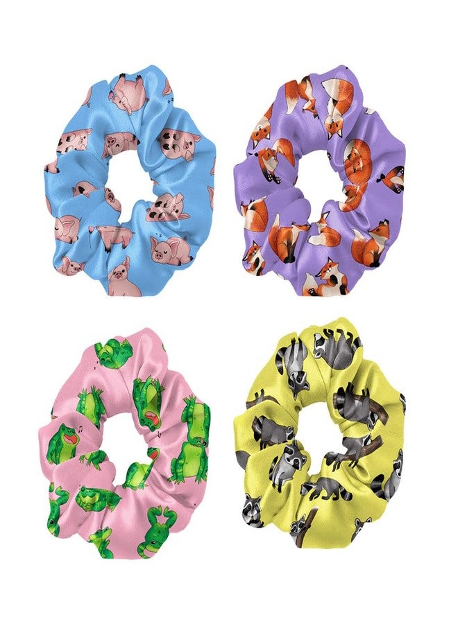 WIRESTER 4 Pcs Satin Hair Scrunchies, Silk Hair Ties, Soft Elastic Hair Bands Ponytail Holder, Silky Curly Hair Accessories for Women Girls - Fox Raccoon Pig Frog Playful Postures - Image 2